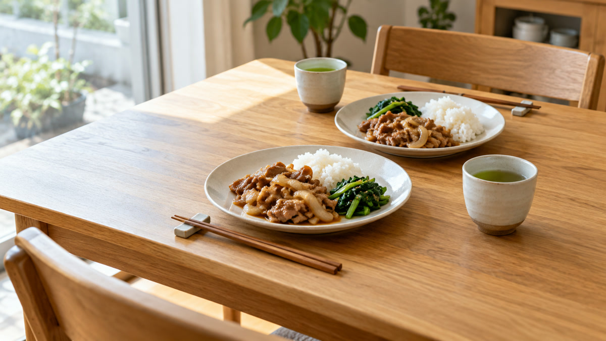 昼の自然光の中、2人分の食事と箸が並ぶ木のダイニングテーブル