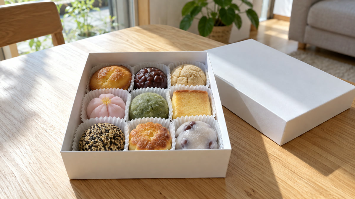 白い箱を開けると彩り豊かな和菓子と焼き菓子が並んでいる